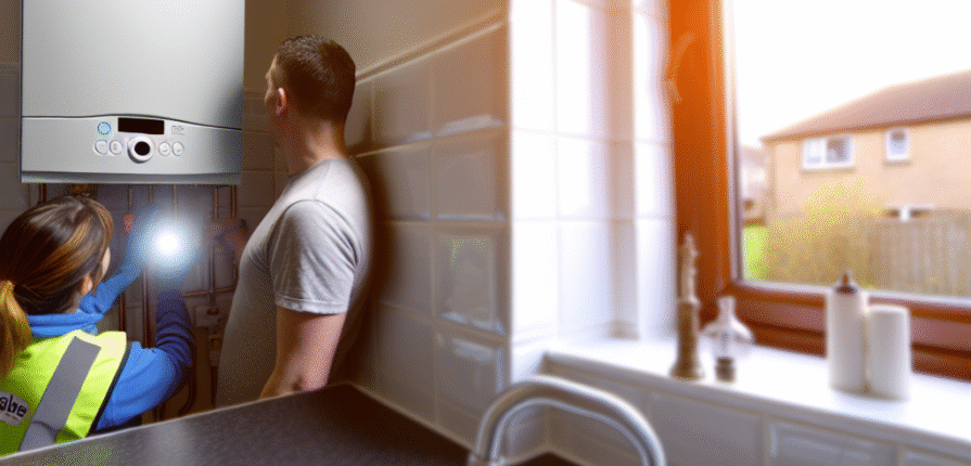 Engineer inspecting a modern boiler during annual service in Dunfermline home