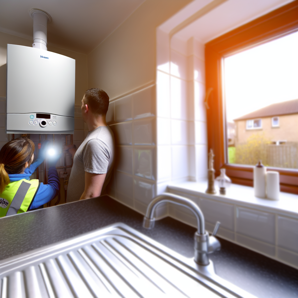 Engineer inspecting a modern boiler during annual service in Dunfermline home