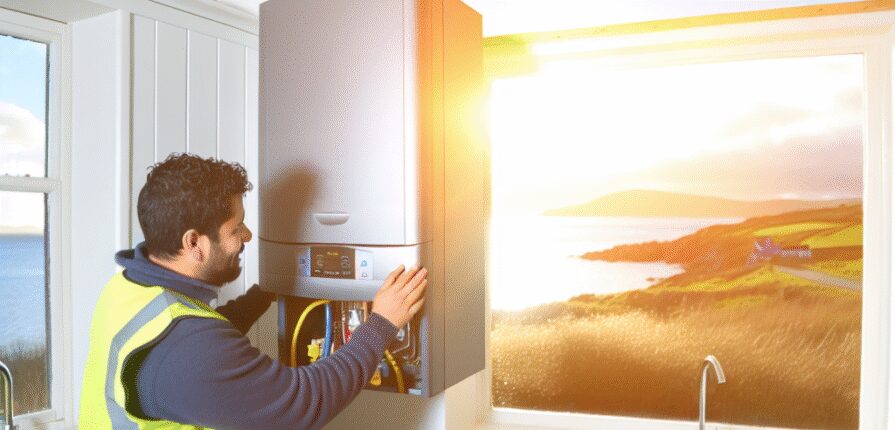 Engineer servicing a modern boiler in an Earlsferry home