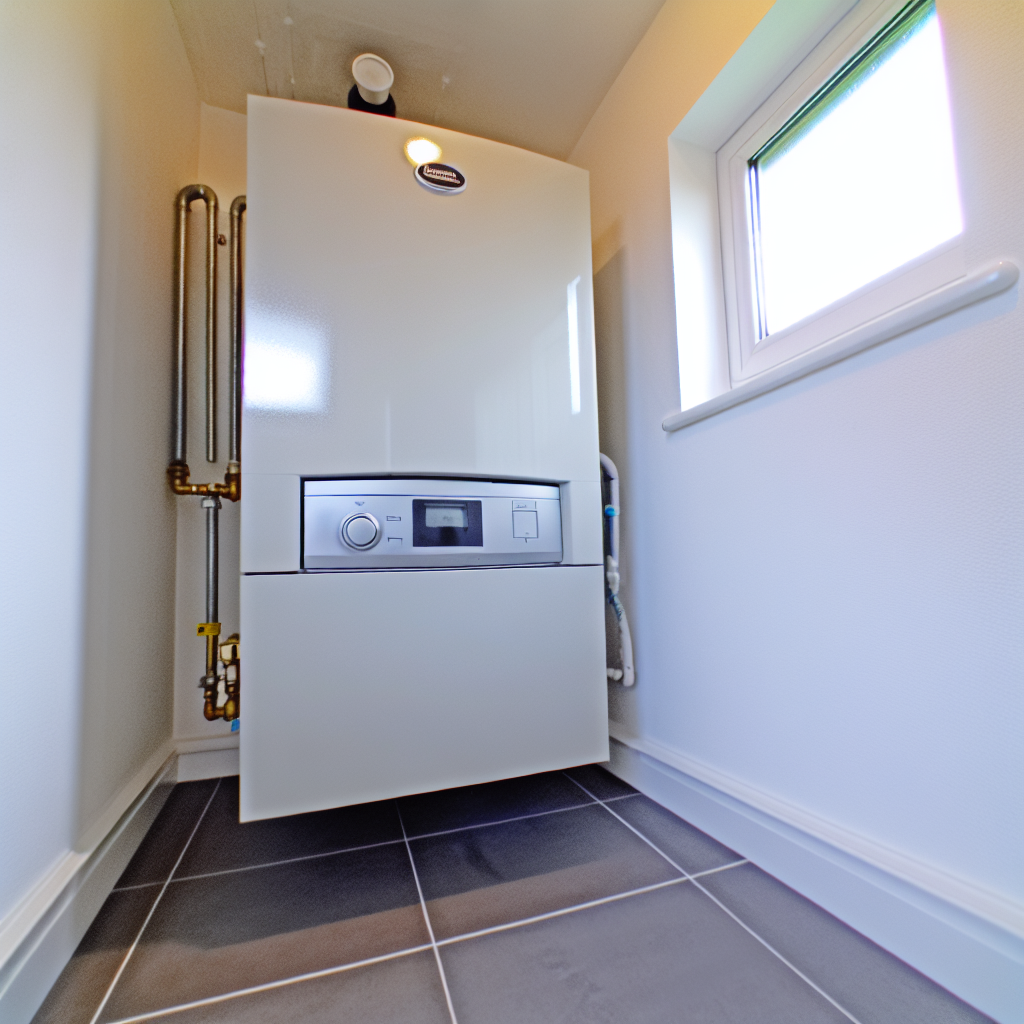 A professional boiler technician servicing a modern gas boiler in a Lochgelly home utility room