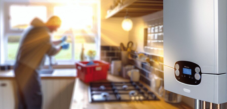 Technician performing boiler service in Kingsbarns kitchen