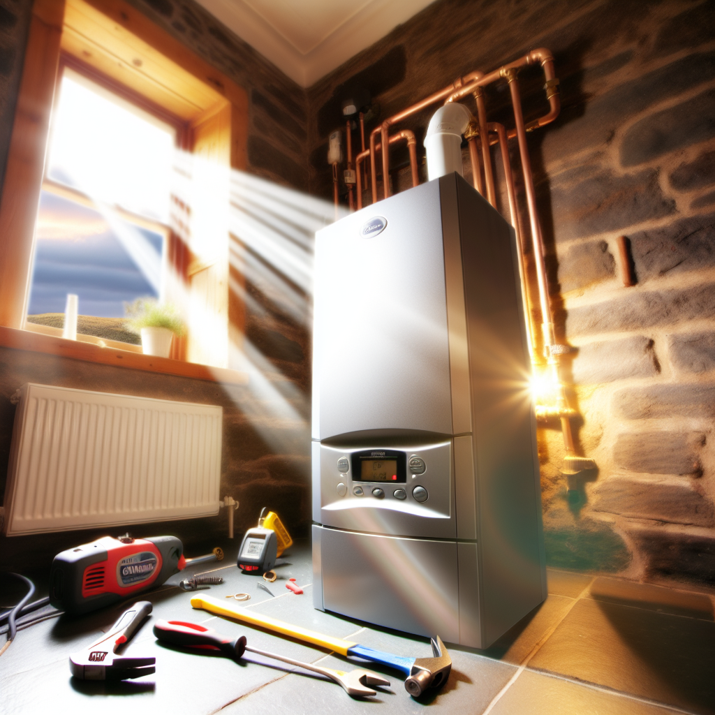 Technician servicing a combi boiler in a Pittenweem kitchen