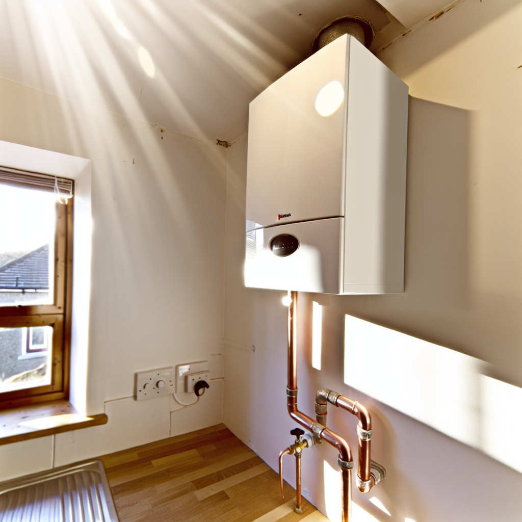 White boiler installation in Kinghorn kitchen