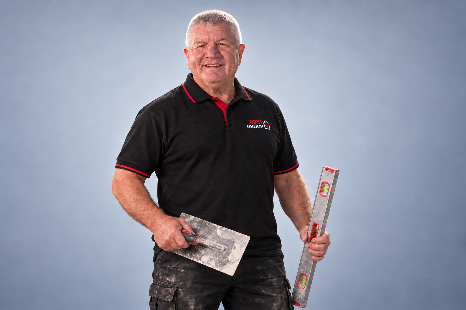 Illustrated portrait of MPH builder David Cowan in branded polo, holding a plastering trowel and spirit level