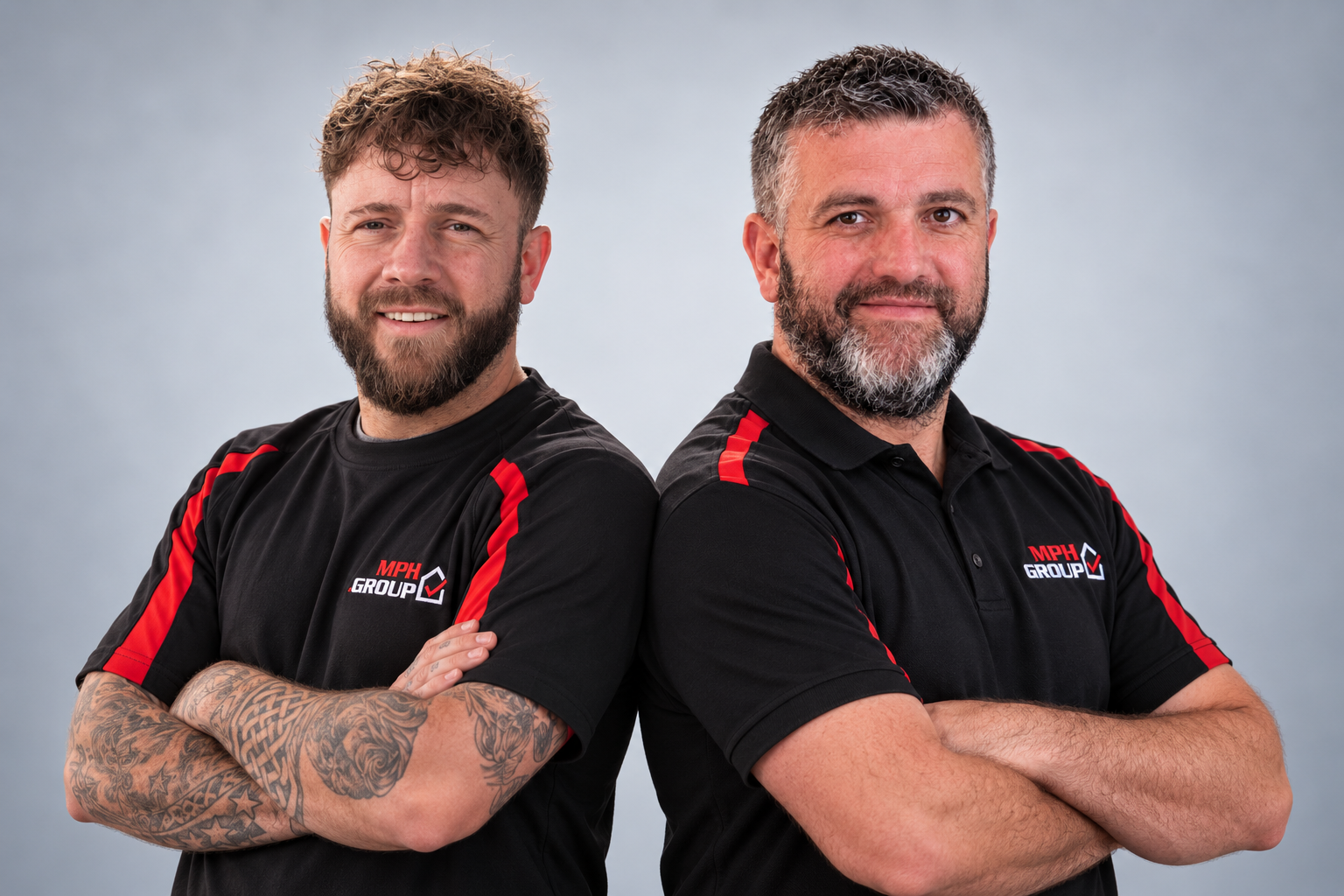Illustrated composite of MPH electricians David Gallacher and Darrach MacKay standing back to back
