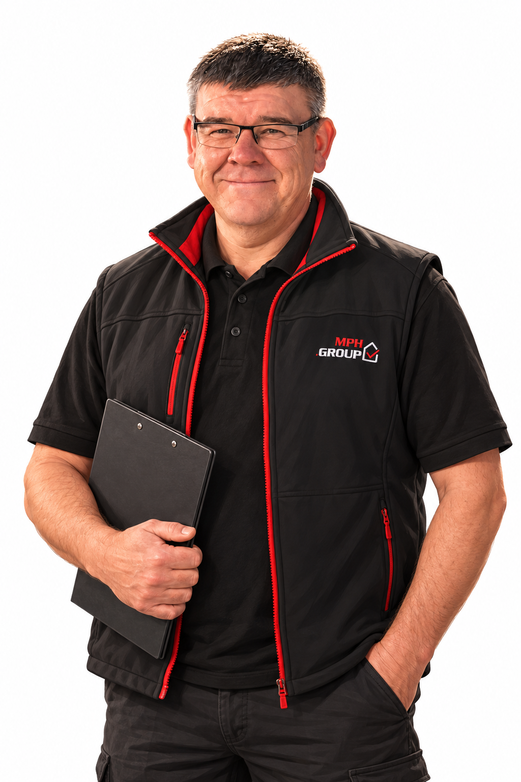 Illustration of Gregor from the MPH installation team holding a clipboard