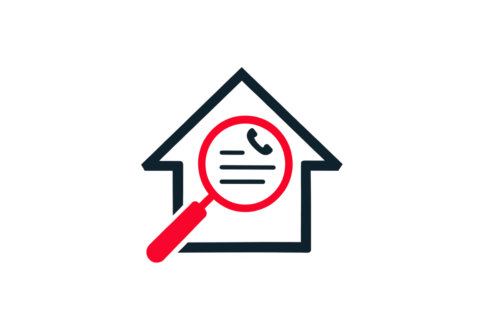 Red magnifying glass over a checklist and telephone symbol inside a charcoal house outline