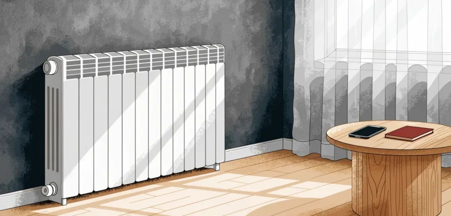 Illustration of a white radiator beside a table with a phone and notebook.